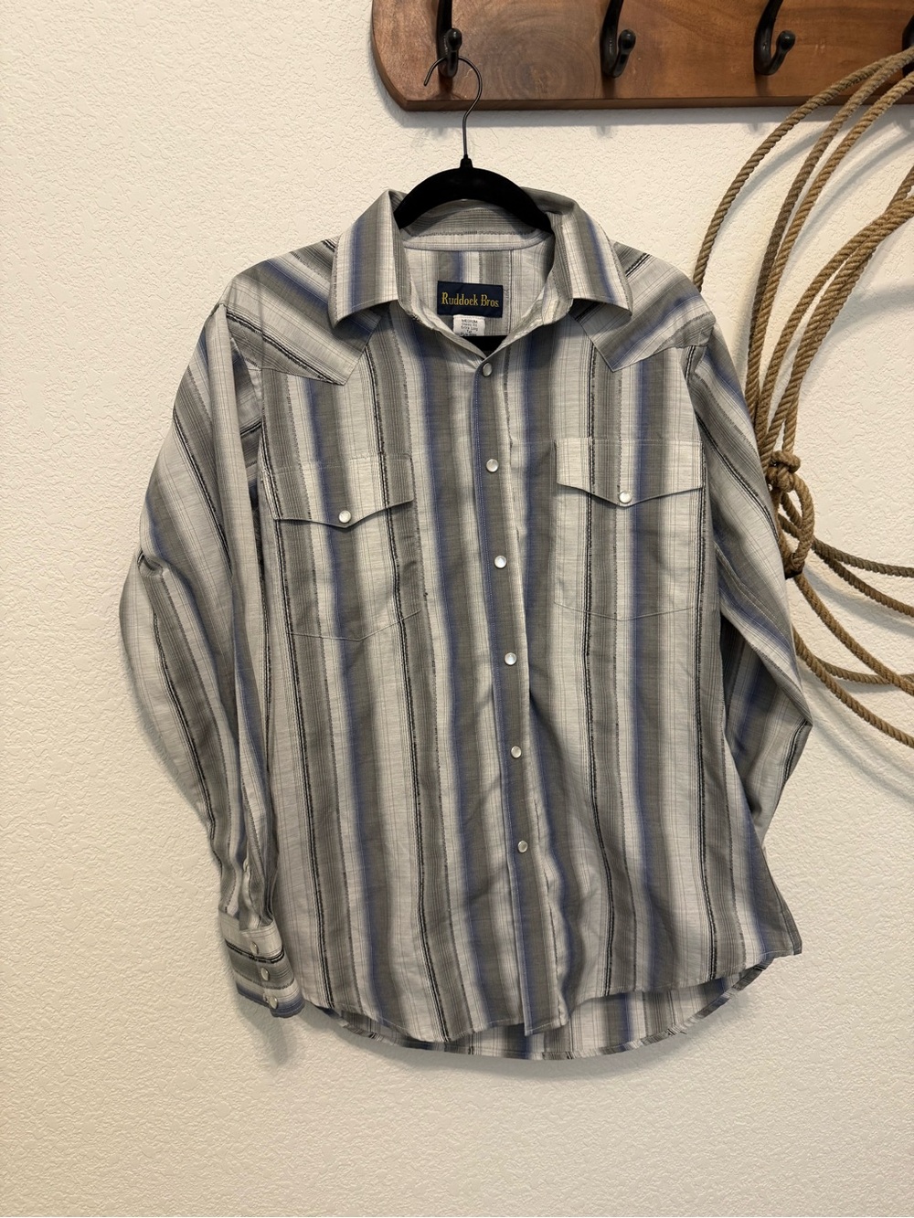 Vintage Ruddock Bros Grey & Blue Striped Pearl Snap Western Shirt